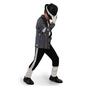 Kids Michael Jackson Sequin Dance Costume - Black and Silver Hat Glove Jacket